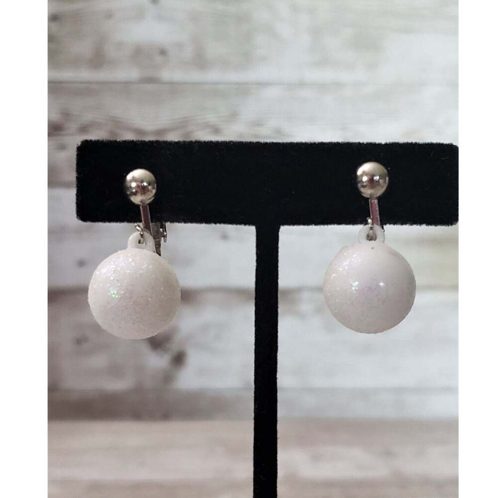 Vintage Clip On Earrings - White Glitter Ball Dangle